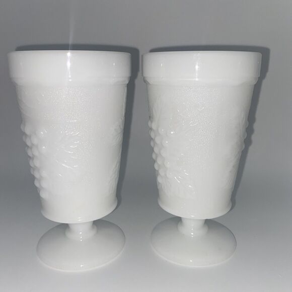 Anchor Hocking White Milk Glass Grape Leaves 5 3/4” Footed Goblet  Set Of 2 - Picture 7 of 11